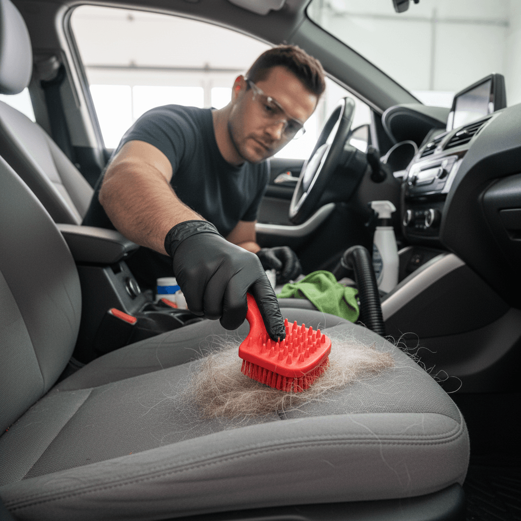 Detailer removing pet hair from car upholstery with a rubber brush