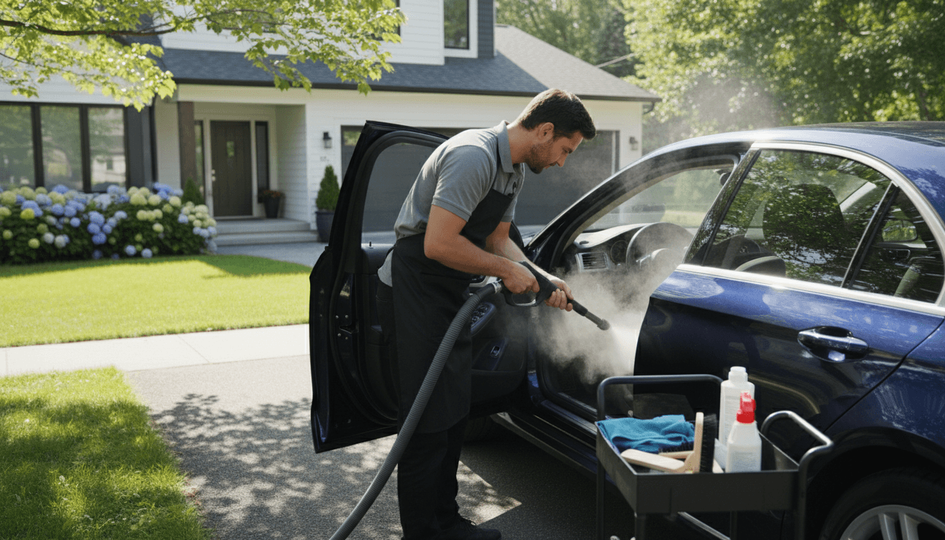 EchoShine detailer steam cleaning a car interior in a driveway