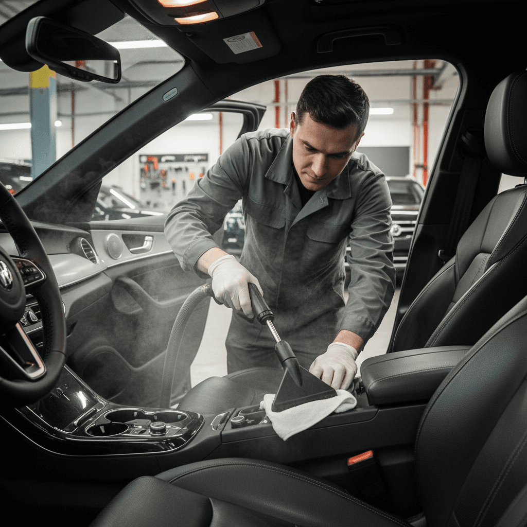Technician deodorizing a car interior