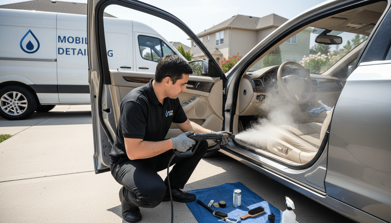 Detailer steam cleaning a car seat in a residential driveway