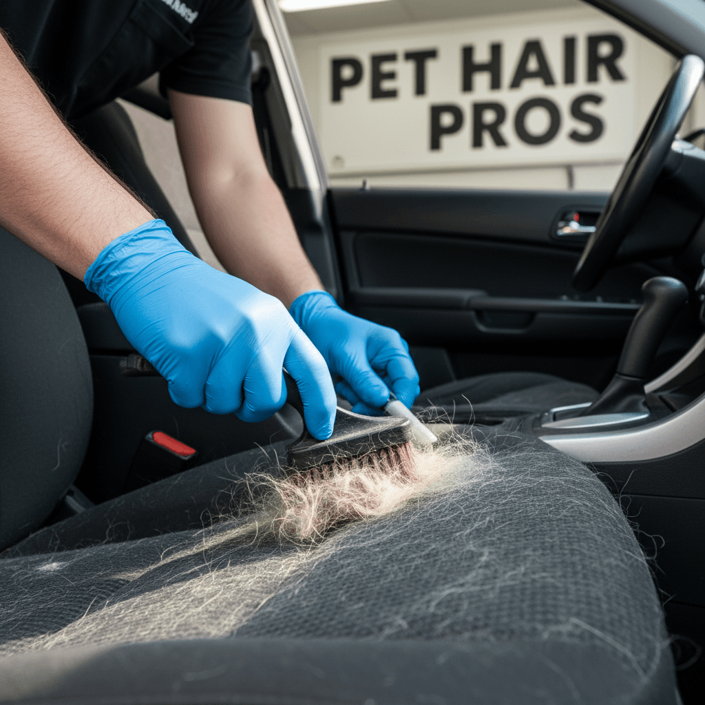Detailer brushing pet hair out of car upholstery