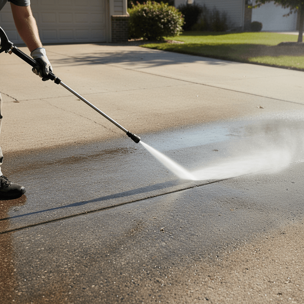 Pressure washer spraying a concrete driveway with a wide nozzle