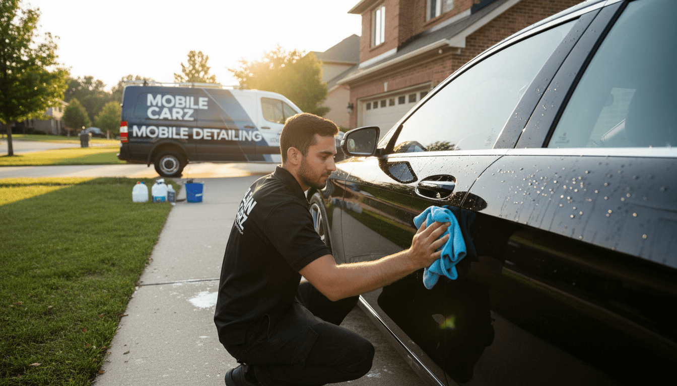 Mobile detailer polishing a car in a driveway