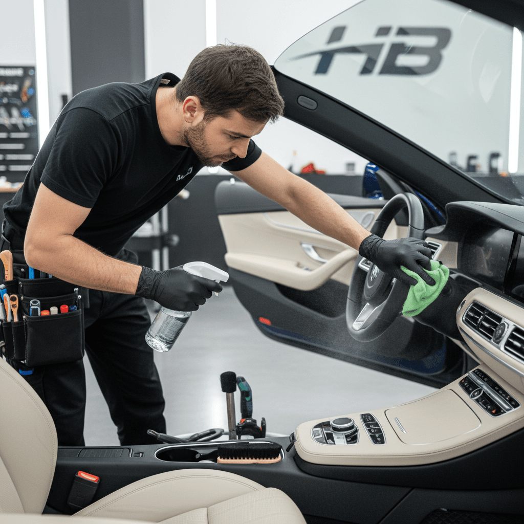 Detailer working carefully on a car interior