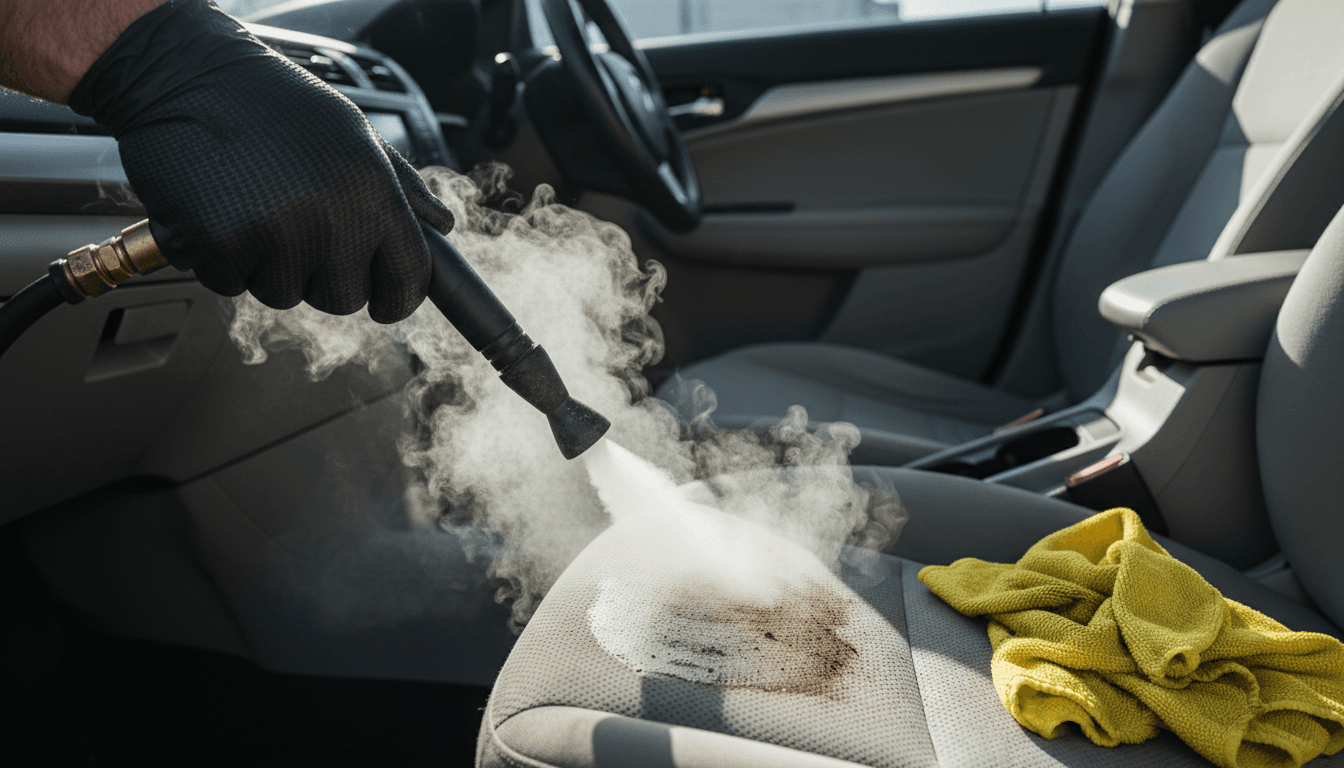 Professional detailer using a steam cleaner on a car seat
