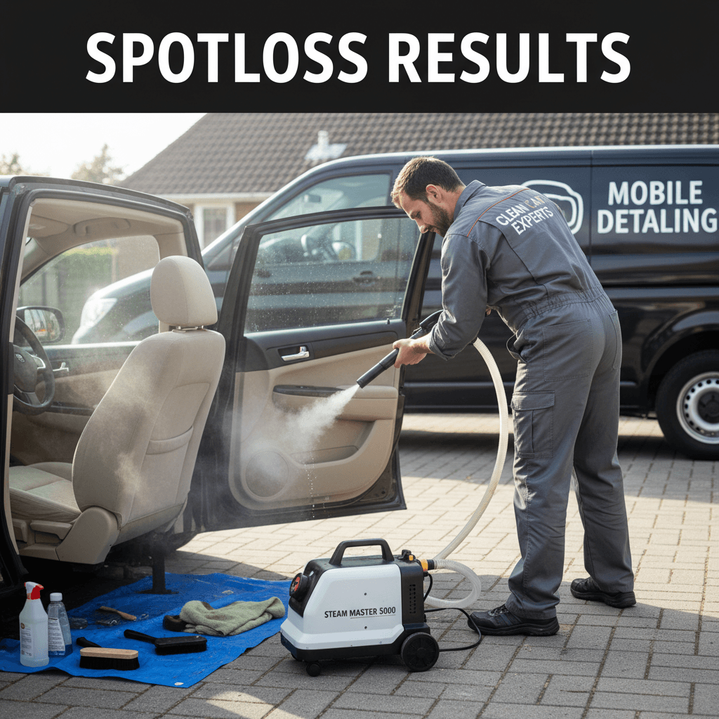 Detailer steam cleaning a car seat with a handheld machine