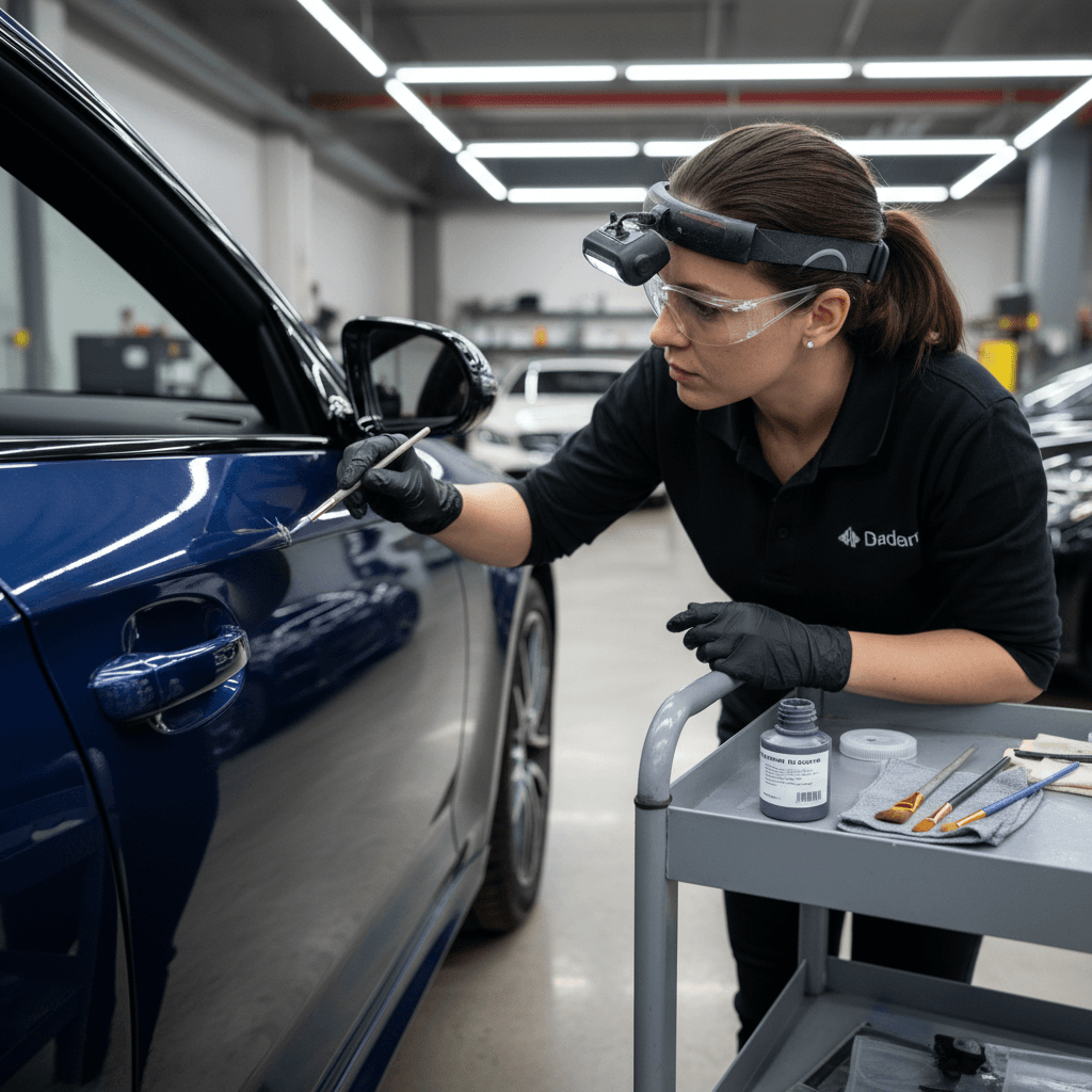 Detailer applying paint touchup to a scratch on a car door