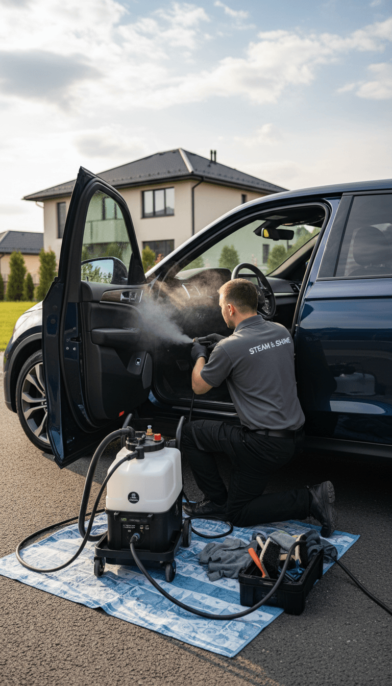Detailer cleaning a car interior with a steam cleaner on a residential driveway