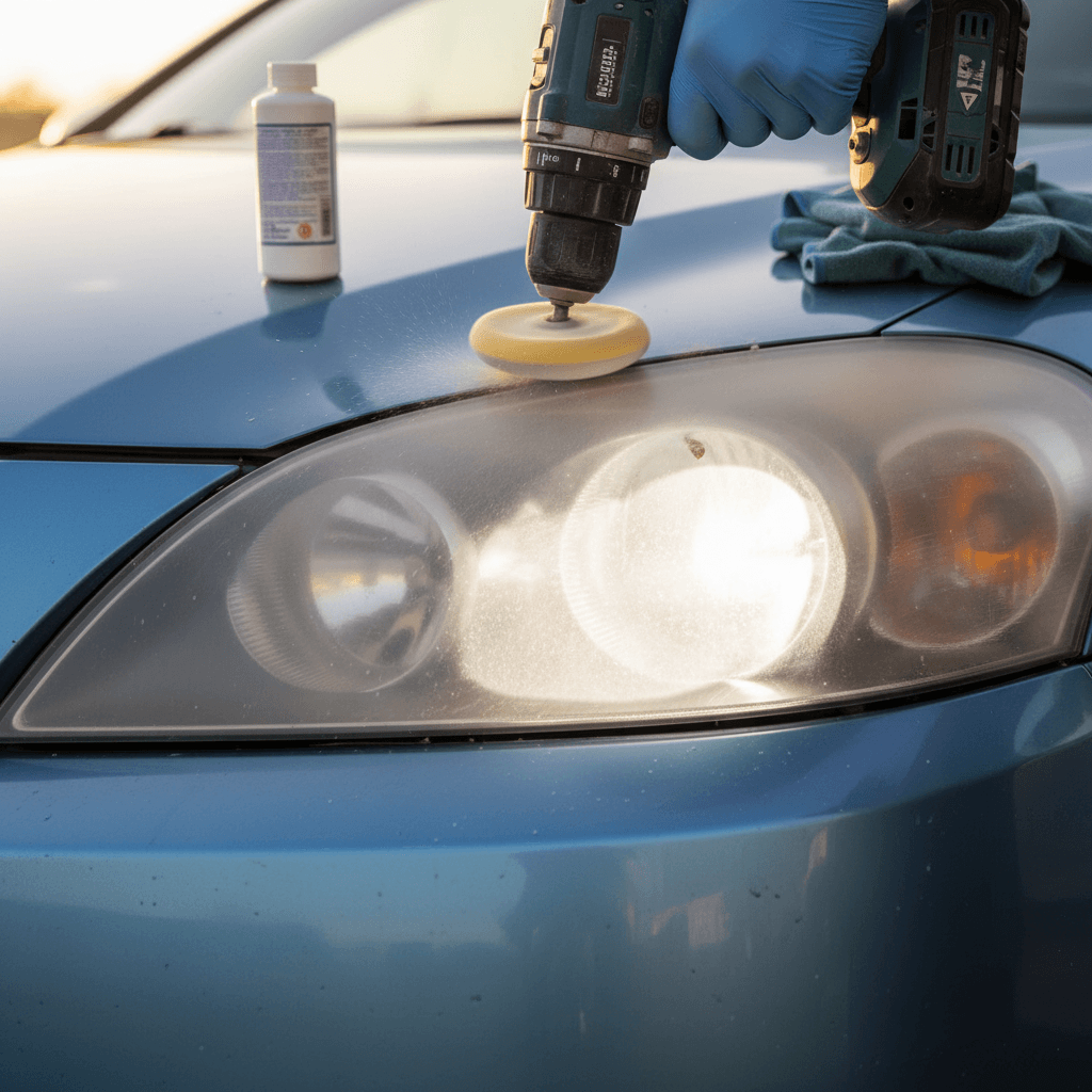 Polishing a cloudy car headlight with a drill attachment