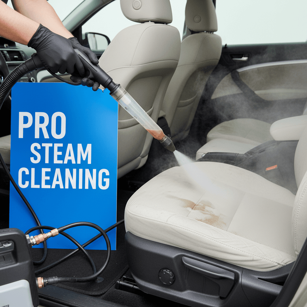 Professional steam cleaning a car seat with a handheld machine