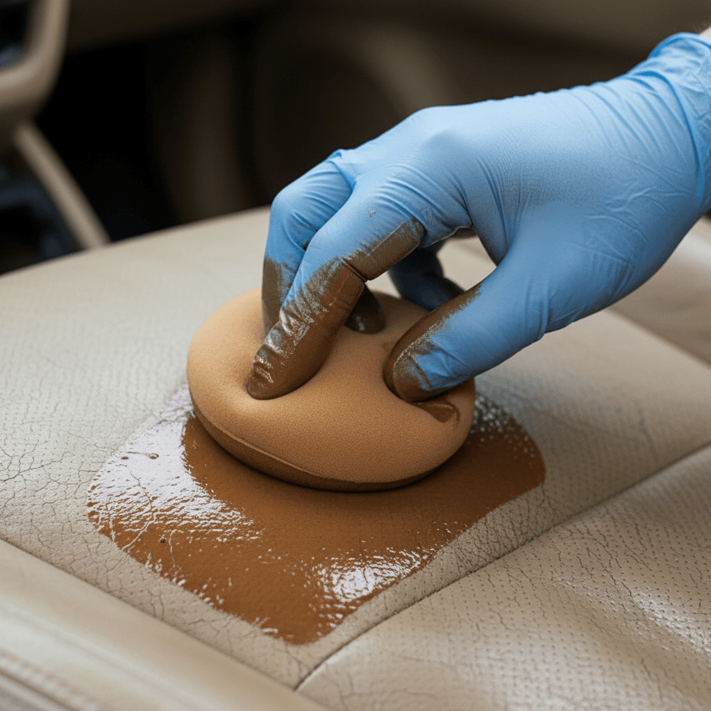 Close-up of a hand recoloring a faded leather car seat