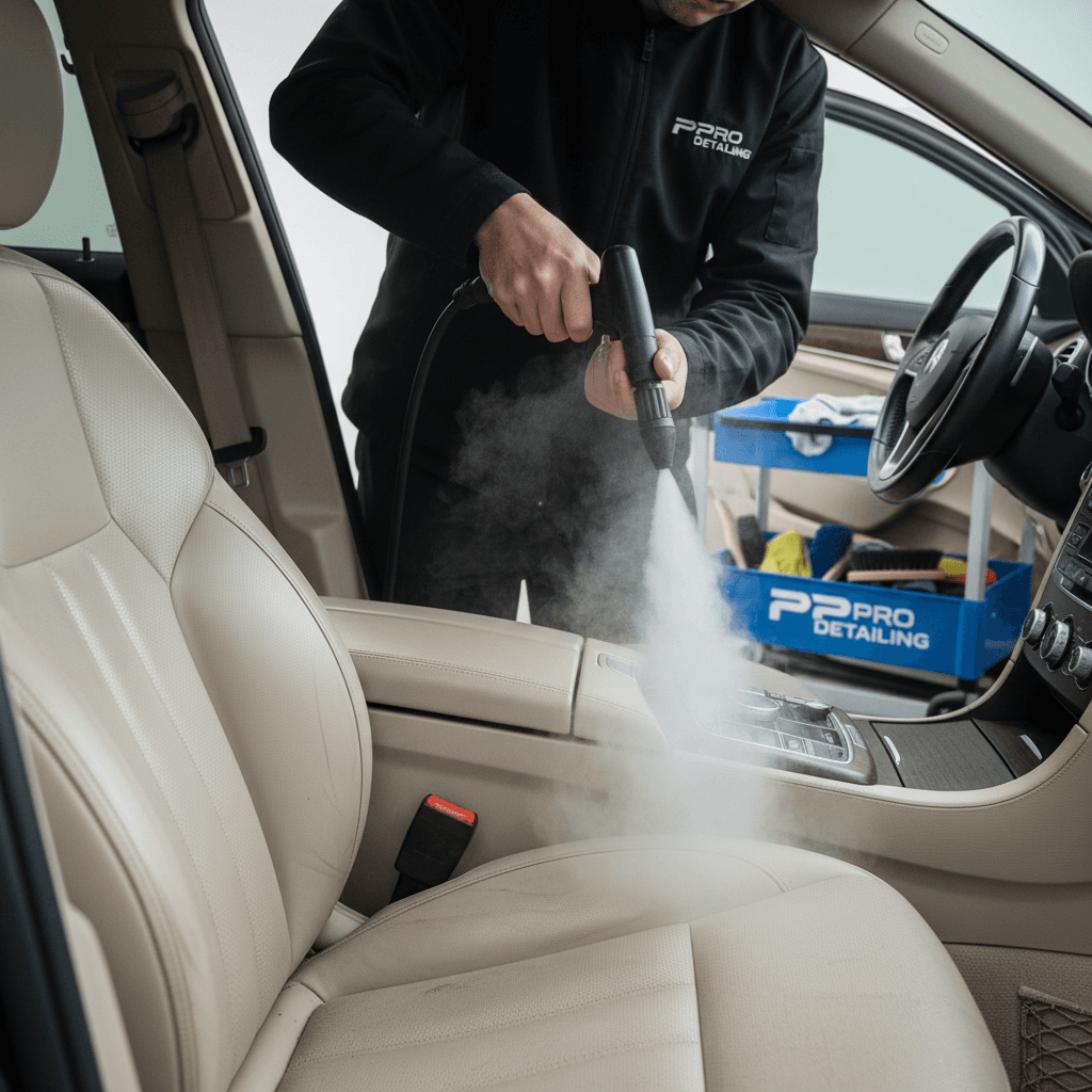 Detailer using a steam cleaner on a car seat