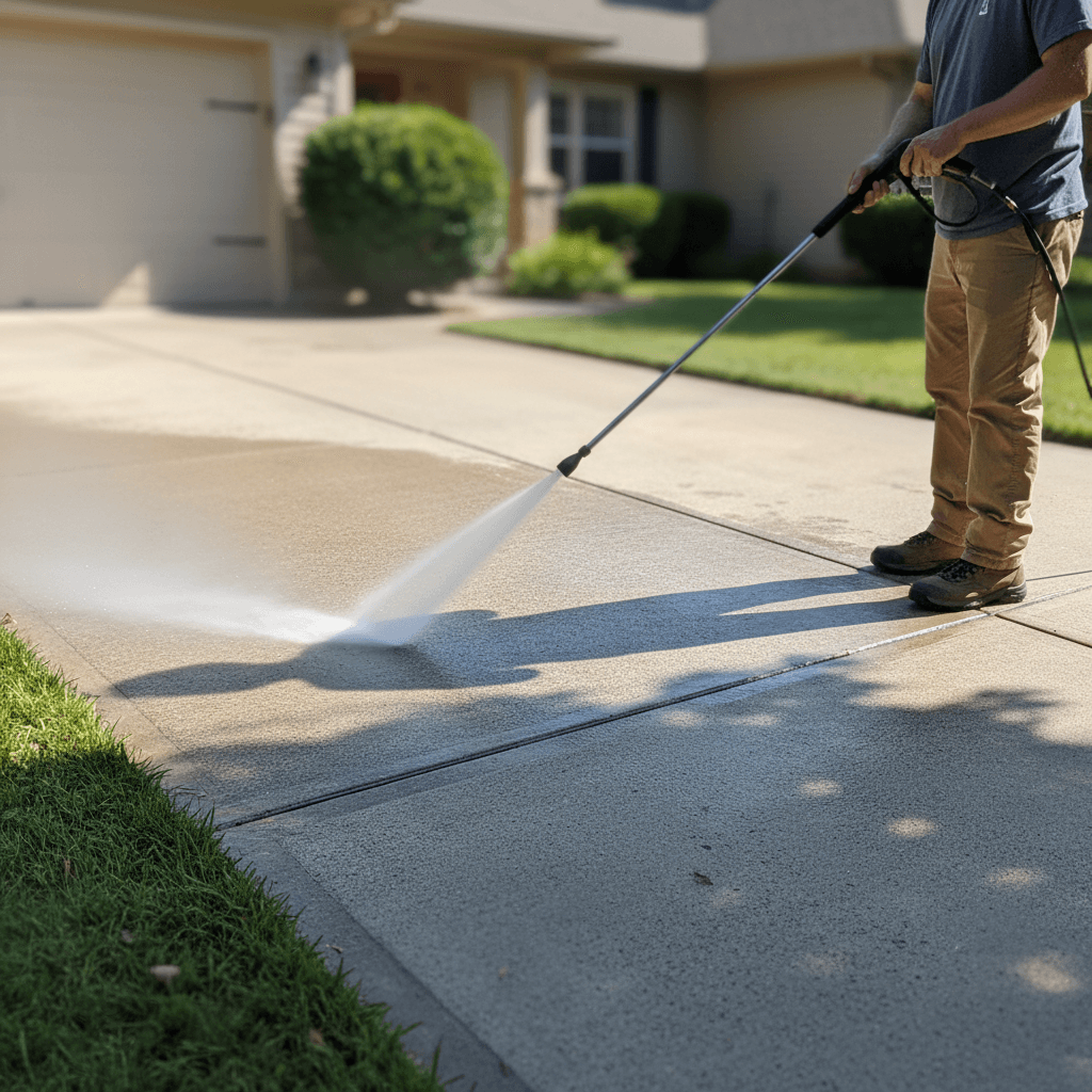 Pressure washing a concrete driveway with a wide spray