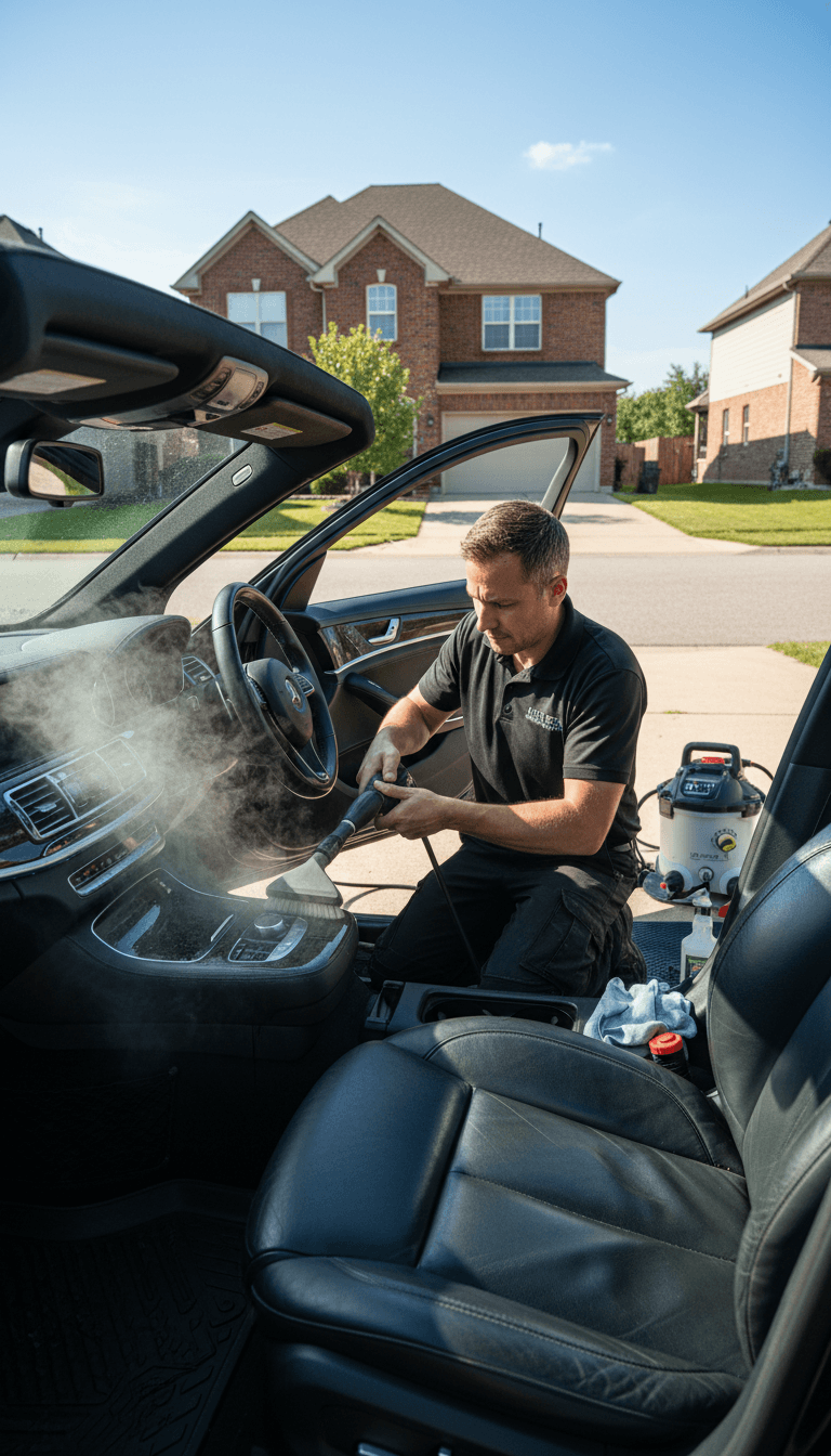 Professional detailer cleaning a car interior with a steam cleaner on-site