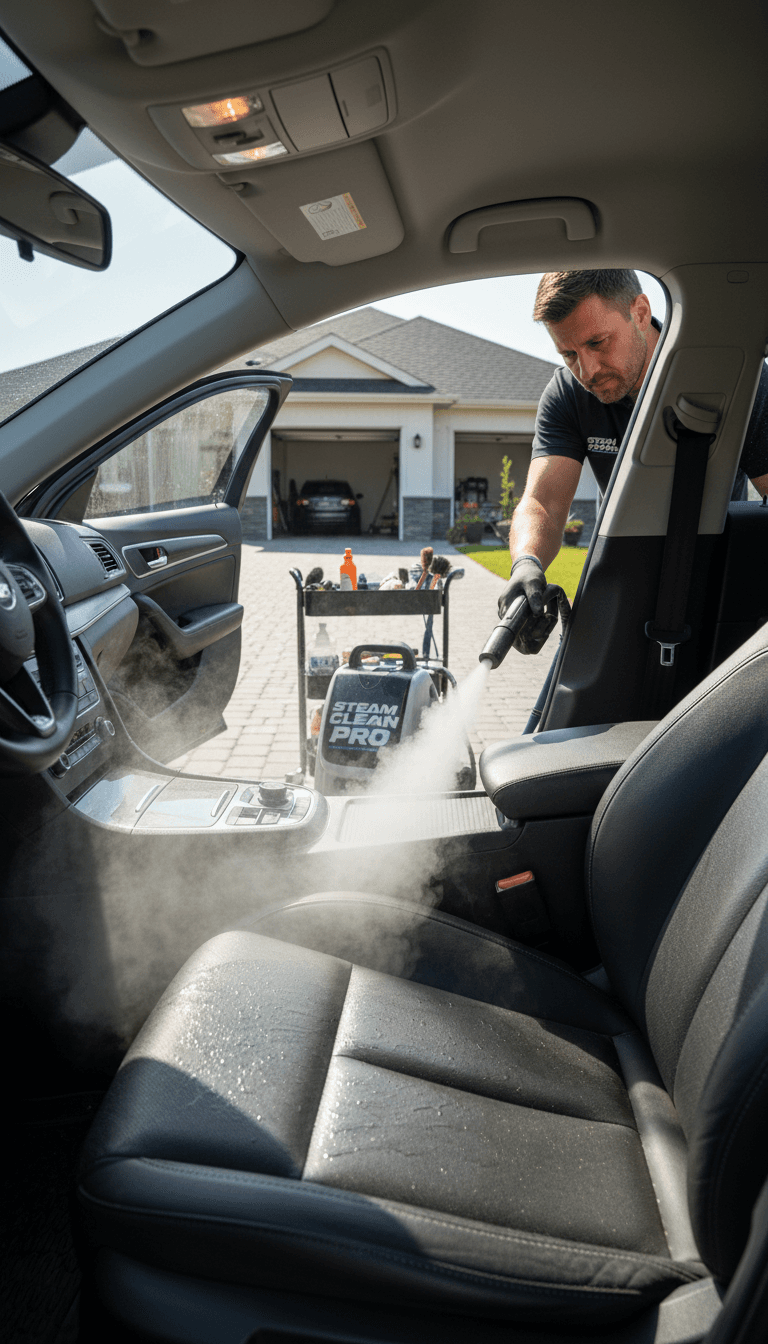 Professional detailer using steam cleaner on car seat in driveway