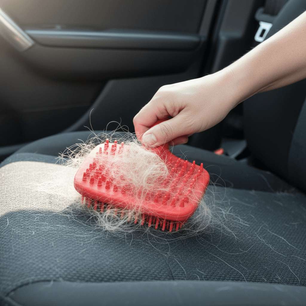 Brush removing dog hair from a car seat