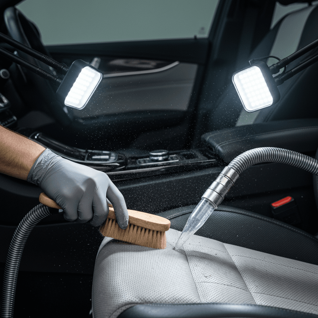 Detailer steam cleaning a car seat to remove a stain