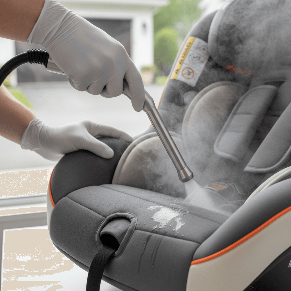 Detailer steam cleaning a car seat