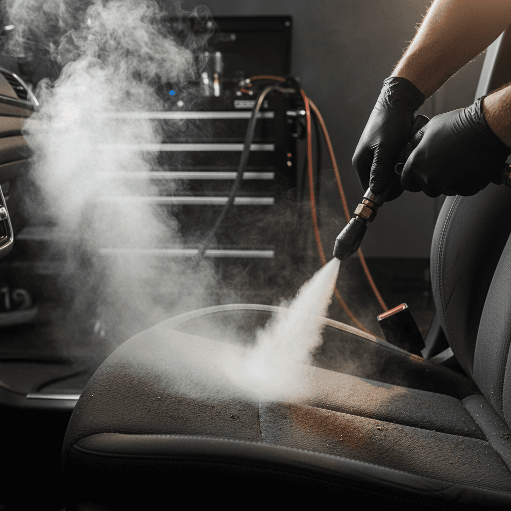Detailer steam cleaning a stained fabric car seat