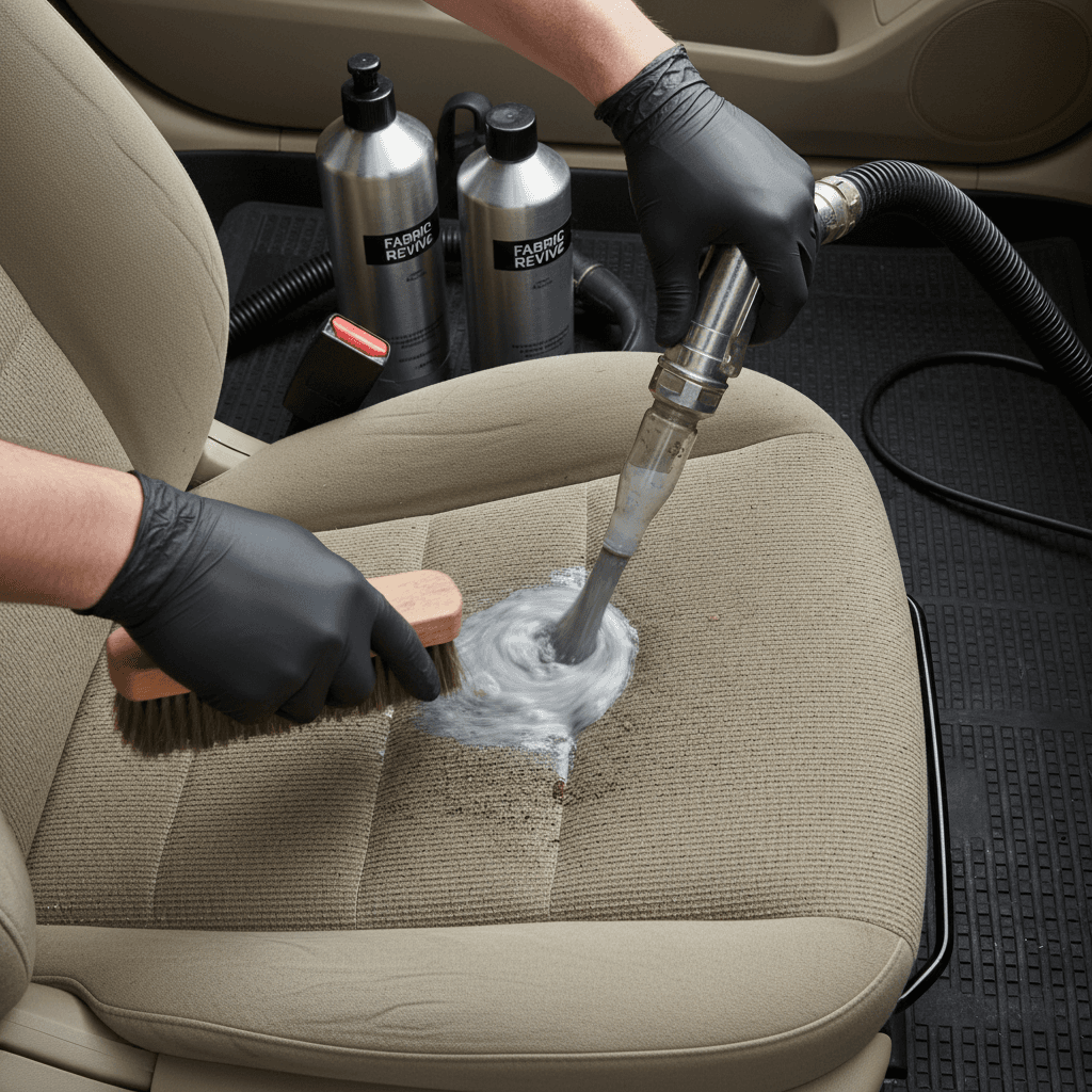 Pet stain on car upholstery being treated